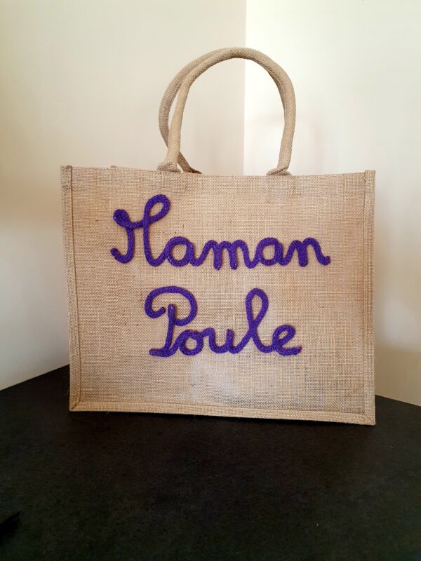 Sac en jute Maman Poule en tricotin
