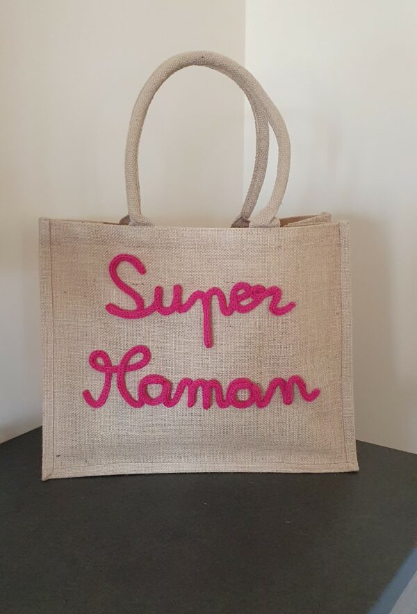 Sac en jute Super Maman en tricotin